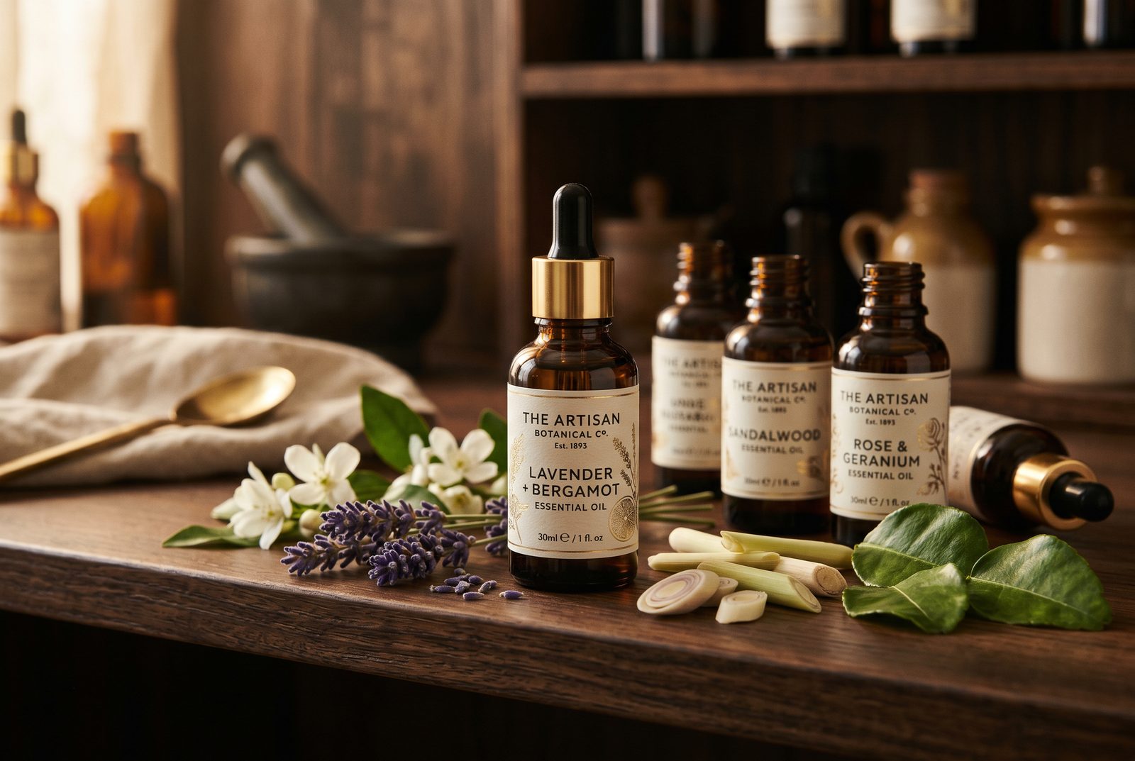 Essential oil bottles with jasmine, lemongrass and lavender in a luxury Thai spa
