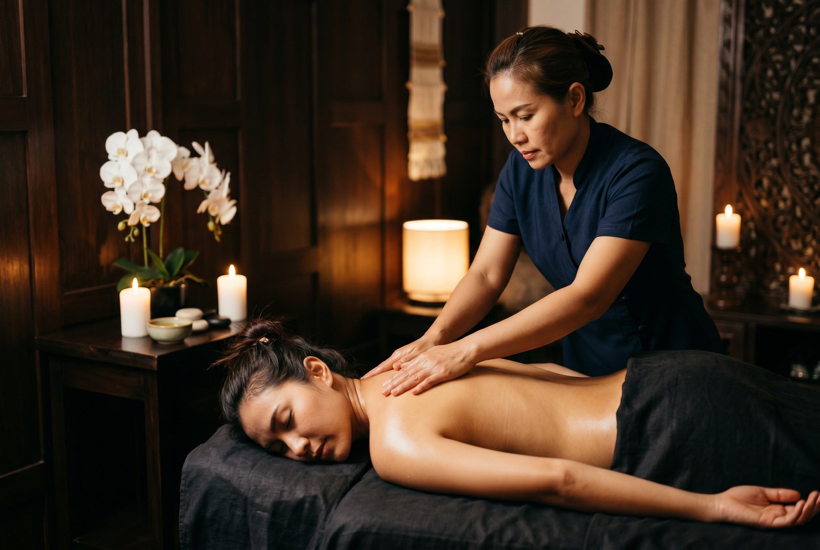 Long effleurage strokes with warm oil on the back by candlelight
