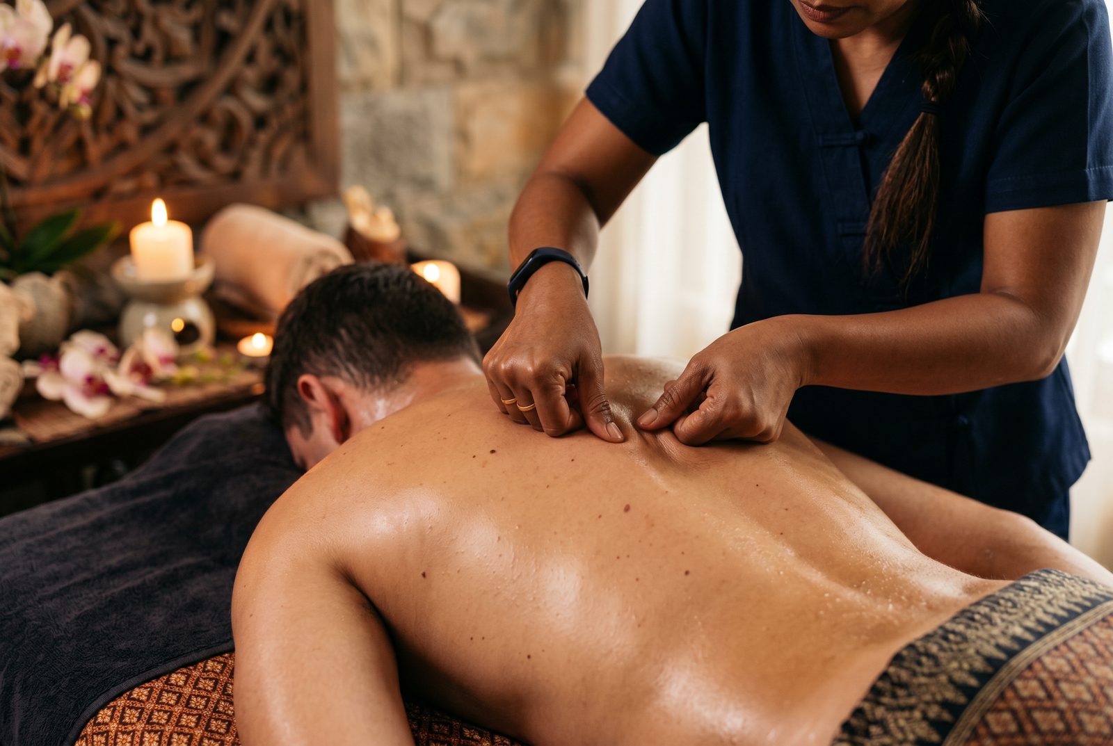 Thumbs applying precise pressure along the spine muscles