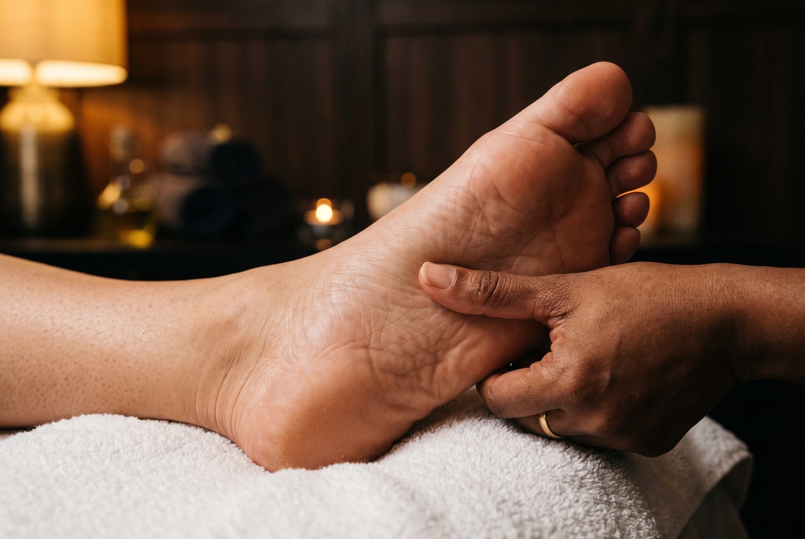 Close-up of thumb pressure on a reflexology point of the sole