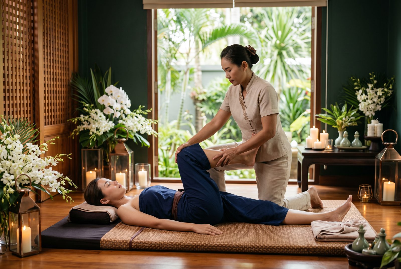 Professional therapist performing a traditional Thai massage in a luxury spa in Koh Samui