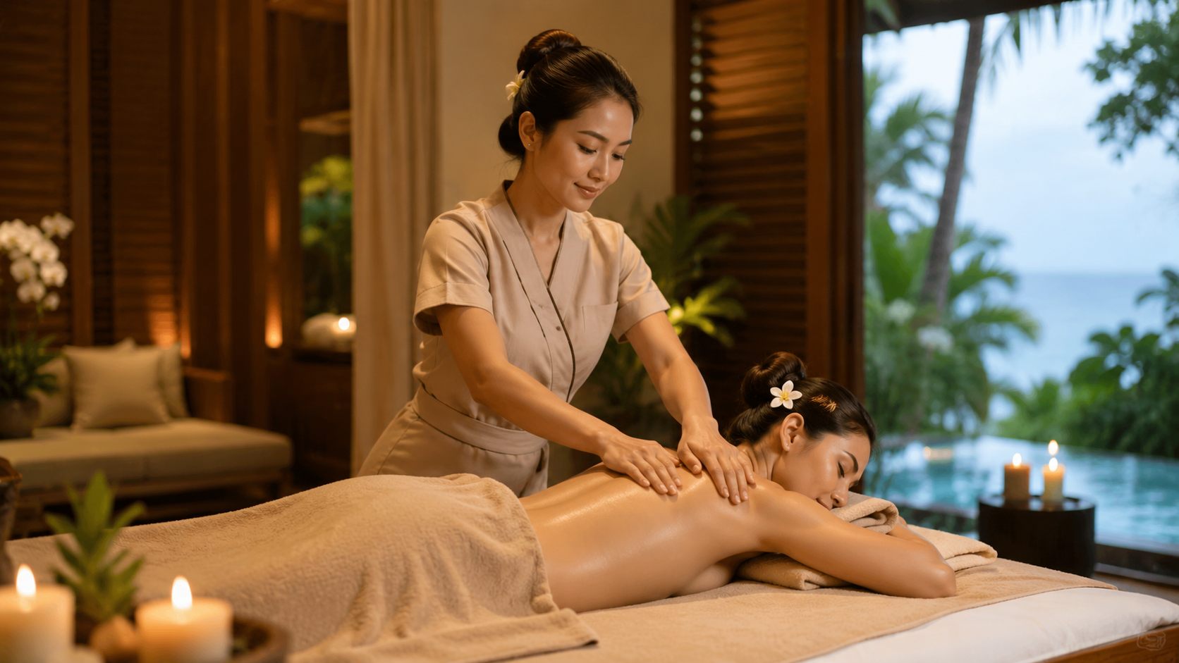Professional Thai massage therapist providing an oil massage in Koh Samui